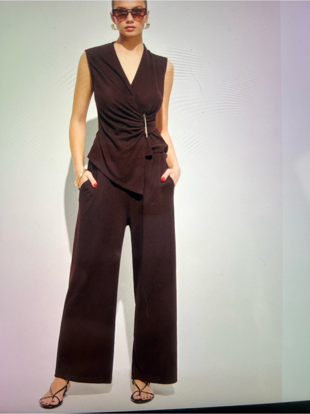 Commense Sleeveless Wrap Jumpsuit in Deep Brown